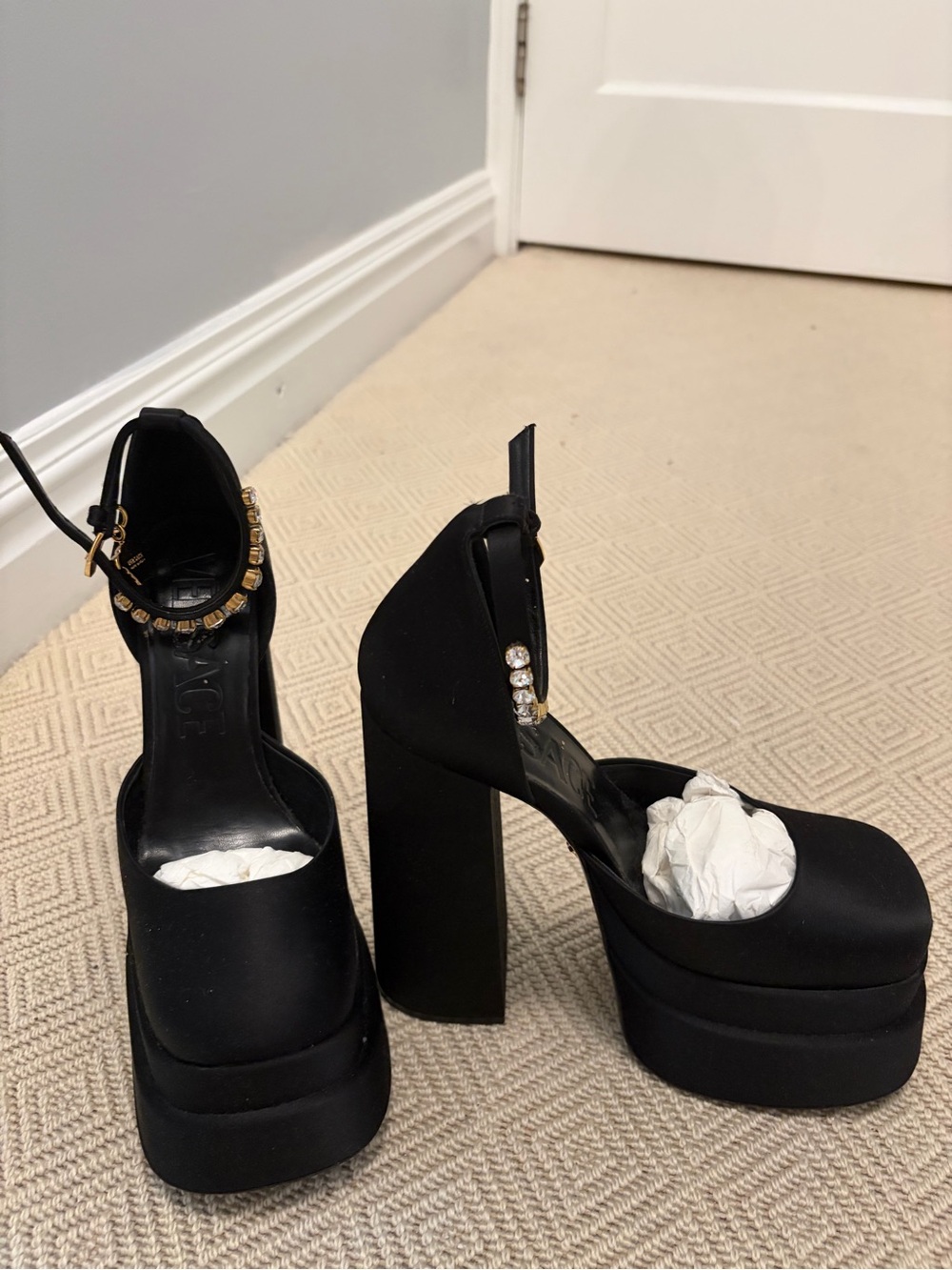 Versace Medusa Aevitas Satin Platform Pumps in Black